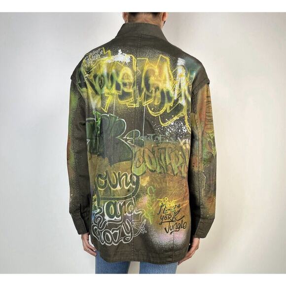 Zara Army Green Grafitti New York Jungle Oversize Zip Utility Jacket 100% Cotton - Picture 1 of 16